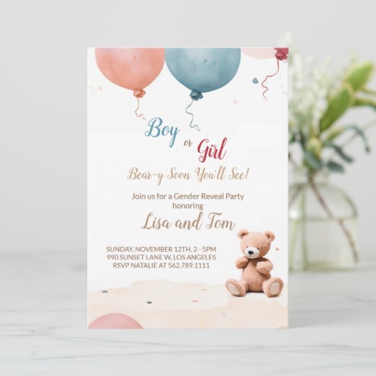 Teddy Bear's Party: Genderonthulling uitnodiging (Staand voorkant)