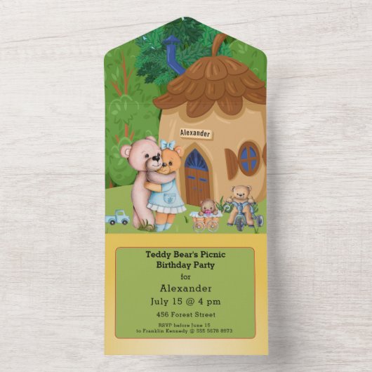 Teddy Bear's picnic Birthday All In One Uitnodiging (Binnen)