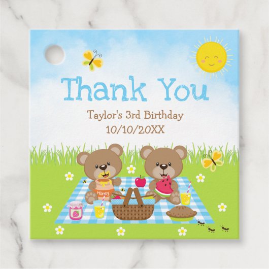 Teddy Bears Picnic Birthday Blue Gingham Dank je Bedankjes Labels (Voorkant)