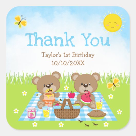 Teddy Bears Picnic Birthday Blue Gingham Dank je Vierkante Sticker (Voorkant)