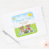 Teddy Bears Picnic Birthday Blue Gingham Dank je Vierkante Sticker (Envelop)