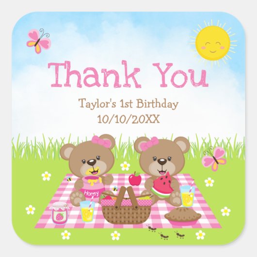Teddy Bears Picnic Birthday Pink Gingham Hartelijk Vierkante Sticker (Voorkant)