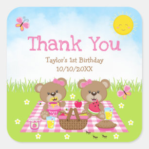 Teddy Bears Picnic Birthday Pink Gingham Hartelijk Vierkante Sticker