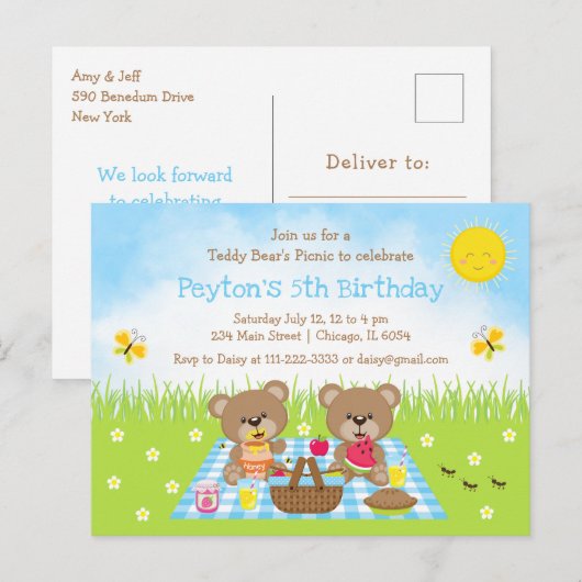 Teddy Bear's picnic Blue Gingham Birthday Briefkaart (Voorkant / Achterkant)