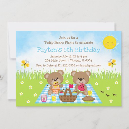 Teddy Bear's picnic Blue Gingham Birthday Kaart (Voorkant)