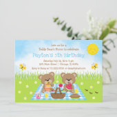 Teddy Bear's picnic Blue Gingham Birthday Kaart (Staand voorkant)