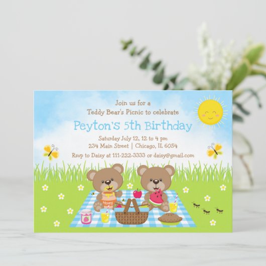 Teddy Bear's picnic Blue Gingham Birthday Kaart (Staand voorkant)