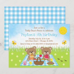 Teddy Bear's picnic Blue Gingham Birthday Kaart