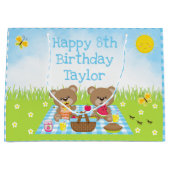 Teddy Bears Picnic Blue Gingham Happy Birthday Groot Cadeauzakje (Voorkant)