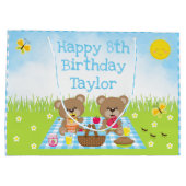 Teddy Bears Picnic Blue Gingham Happy Birthday Groot Cadeauzakje (Achterkant)