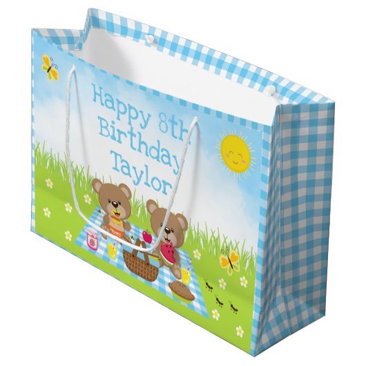 Teddy Bears Picnic Blue Gingham Happy Birthday Groot Cadeauzakje (Voorkant Gekanteld)