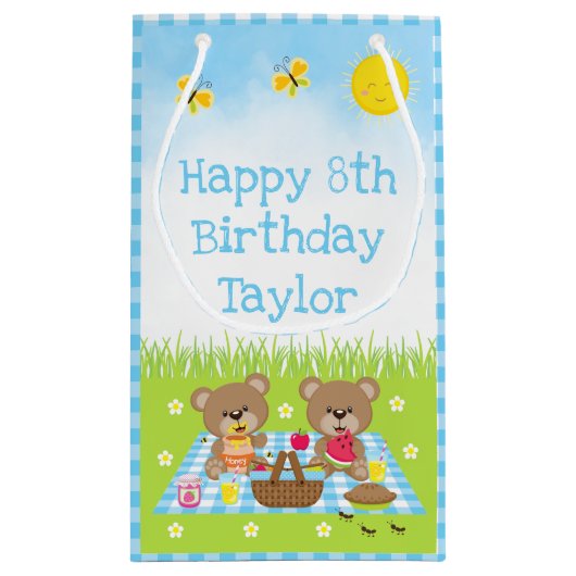 Teddy Bears Picnic Blue Gingham Happy Birthday Klein Cadeauzakje (Achterkant)