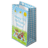Teddy Bears Picnic Blue Gingham Happy Birthday Klein Cadeauzakje (Voorkant Gekanteld)