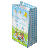 Teddy Bears Picnic Blue Gingham Happy Birthday Klein Cadeauzakje (Achterkant Gekanteld)
