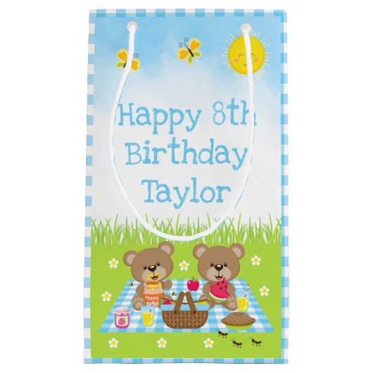 Teddy Bears Picnic Blue Gingham Happy Birthday Klein Cadeauzakje (Voorkant)