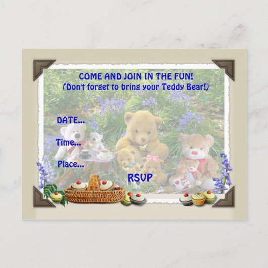 TEDDY BEARS PICNIC INVITATIE UITNODIGING BRIEFKAART (Achterkant)