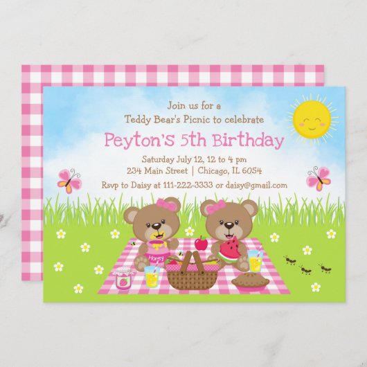 Teddy Bear's Picnic Pink Gingham Birthday Kaart (Voorkant / Achterkant)