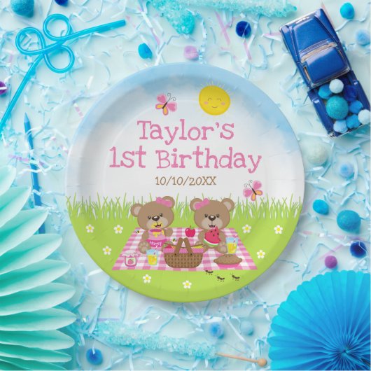Teddy Bears Picnic Pink Gingham Birthday Party Papieren Bordje (Feest)