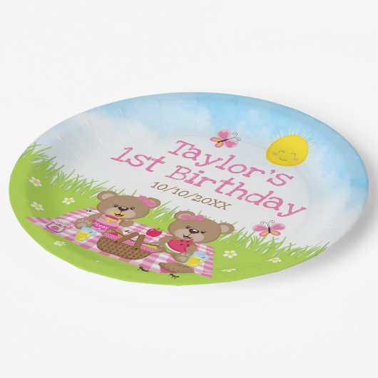 Teddy Bears Picnic Pink Gingham Birthday Party Papieren Bordje (Gekanteld)
