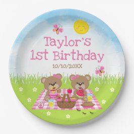 Teddy Bears Picnic Pink Gingham Birthday Party Papieren Bordje