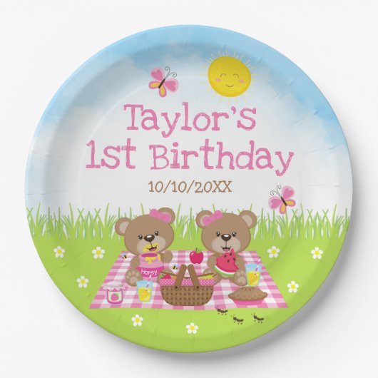 Teddy Bears Picnic Pink Gingham Birthday Party Papieren Bordje (Voorkant)