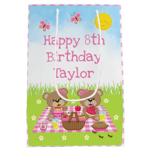 Teddy Bears Picnic Pink Gingham Happy Birthday Medium Cadeauzakje (Achterkant)