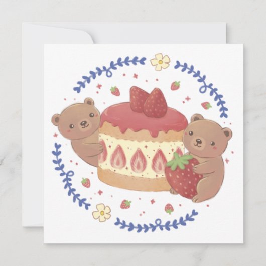 Teddy Bears & Strawberry Cake Illustratie Kaart (Voorkant)