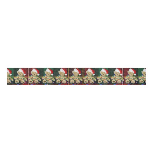 Teddy Bears Tangled In Christmas Lights On Plaid Grosgrain Lint (Voorkant)