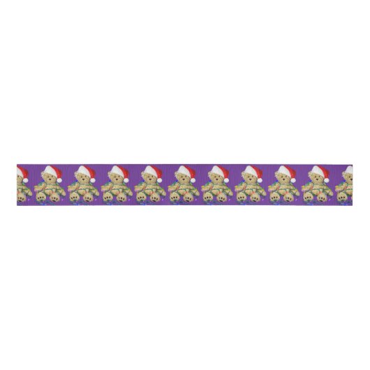 Teddy Bears Tangled In Christmas Lights On Purple Grosgrain Lint (Voorkant)