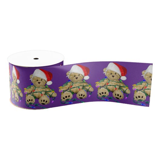 Teddy Bears Tangled In Christmas Lights On Purple Grosgrain Lint (Spoel)