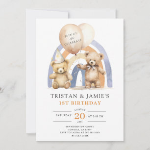Teddy Bears Twins 1e verjaardag Waterverf Kaart
