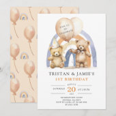 Teddy Bears Twins 1e verjaardag Waterverf Kaart (Voorkant / Achterkant)