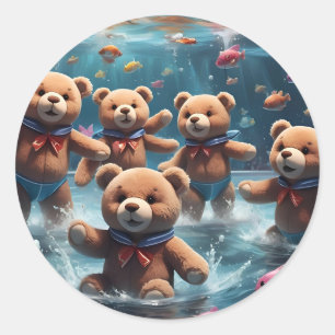 Teddy Bears Zwemmen in een zwembad van vis Ronde Sticker