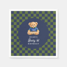 Teddy Beary 1e verjaardag geruite papieren servet