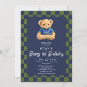 Teddy Beary 1st Birthday Checkboard Blue Green Kaart (Voorkant)