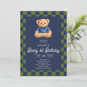 Teddy Beary 1st Birthday Checkboard Blue Green Kaart (Staand voorkant)