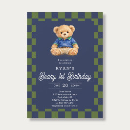 Teddy Beary 1st Birthday Checkboard Blue Green Kaart