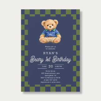 Teddy Beary 1st Birthday Checkboard Blue Green Kaart
