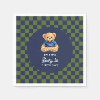 Teddy Beary 1st Birthday Checkboard Paper Napkin Servet