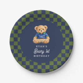 Teddy Beary 1st Birthday Checkboard Retro Papieren Bordje