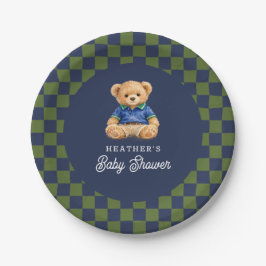 Teddy Beary Checkboard Retro Baby Shower Papieren Bordje
