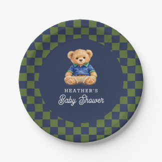 Teddy Beary Checkboard Retro Baby Shower Papieren Bordje