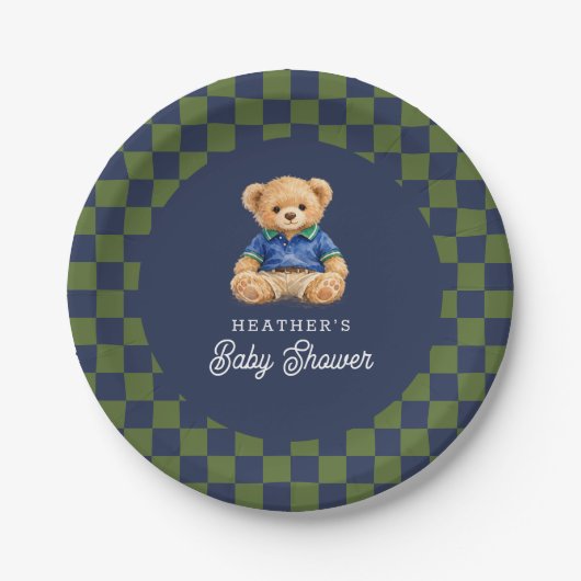 Teddy Beary Checkboard Retro Baby Shower Papieren Bordje (Voorkant)