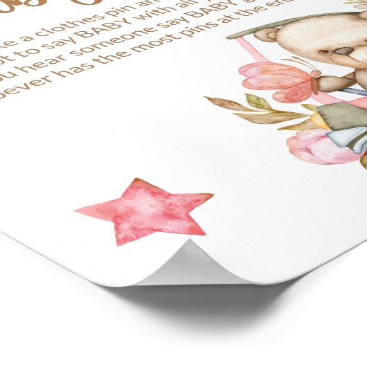 Teddy beer baby beer zegt geen baby shower spel poster (Hoek)