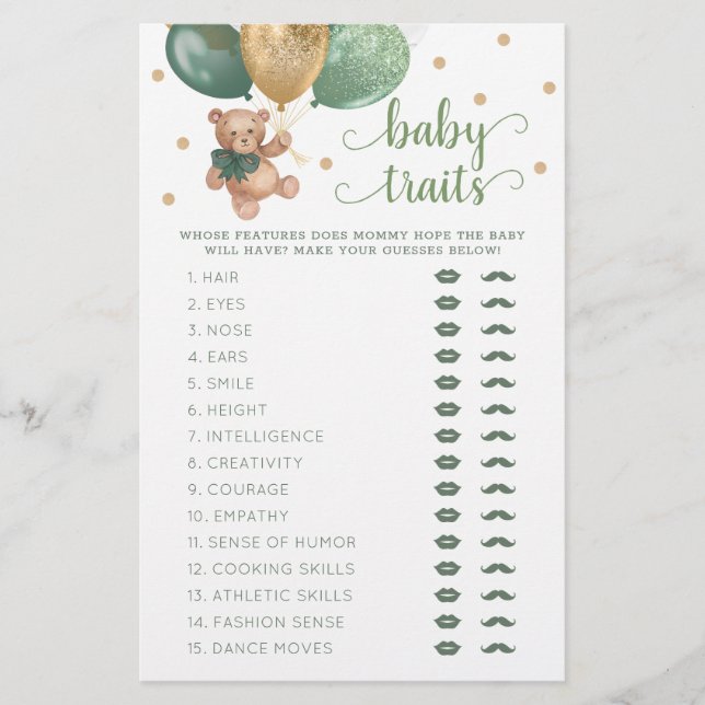 Teddy Beer Baby Eigenschappen Spel Baby Shower (Voorkant)