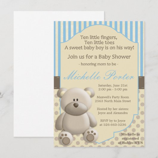 Teddy beer Baby shower Uitnodiging voor een jongen (Voorkant / Achterkant)