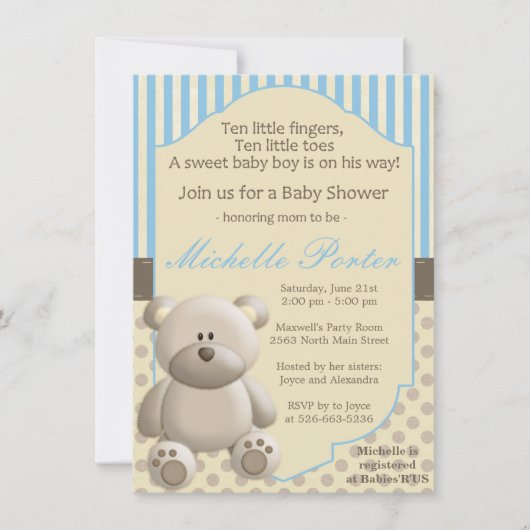 Teddy beer Baby shower Uitnodiging voor een jongen (Voorkant)