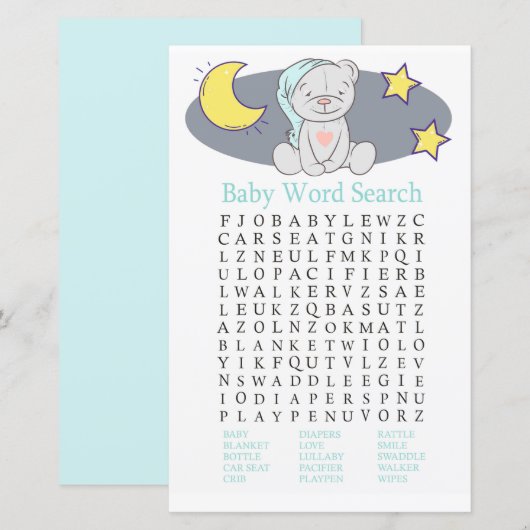 Teddy beer Baby shower Word Search Game (Voorkant / Achterkant)