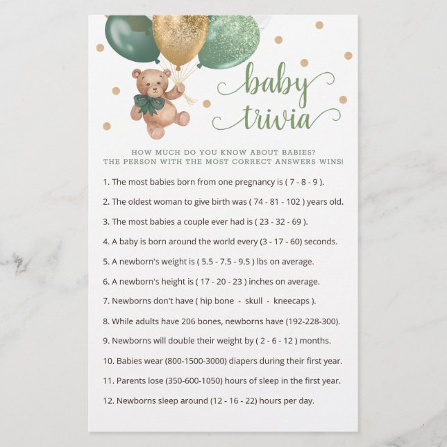 Teddy Beer Baby Trivia Spel Baby Shower (Voorkant)