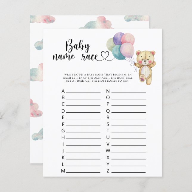 Teddy beer ballonnen - Baby naam race spel (Voorkant / Achterkant)